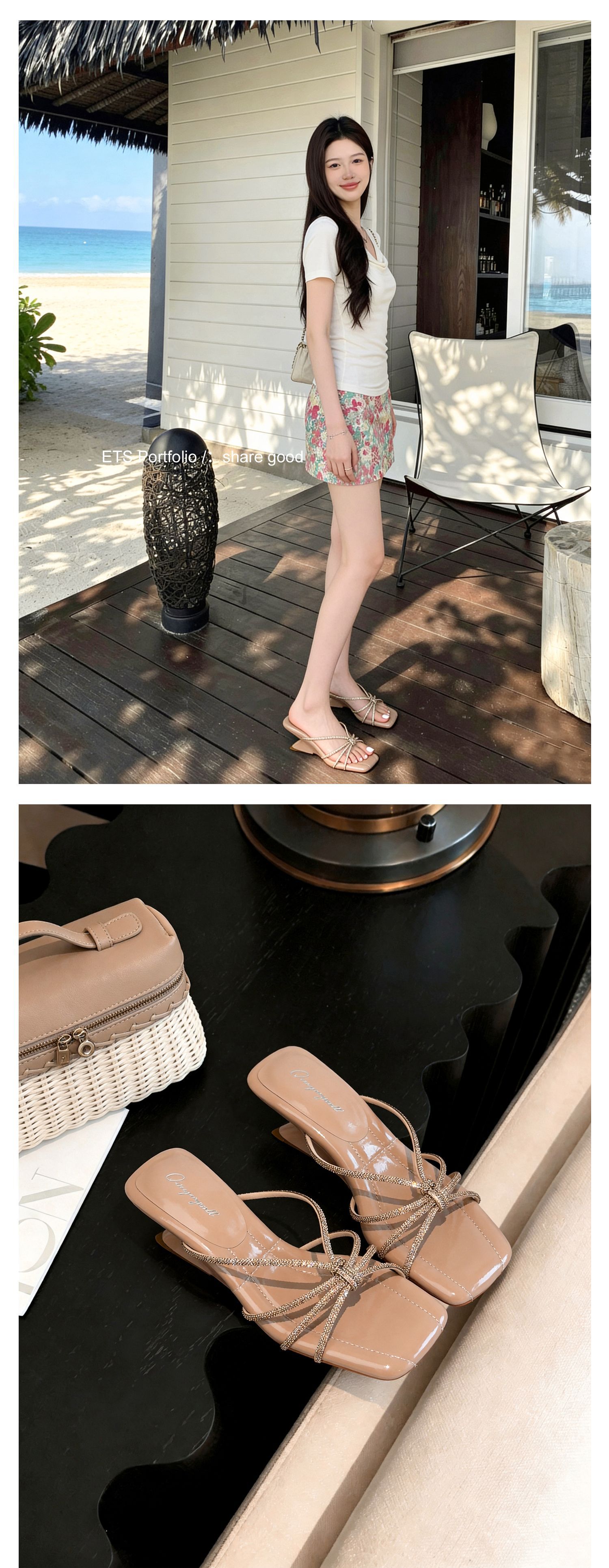 Sandal cao gót nữ mũi vuông quai ngang đính đá pha lê gót xuồng 9 cm — màu đen, màu trắng ngà, màu nude chi tiết 18