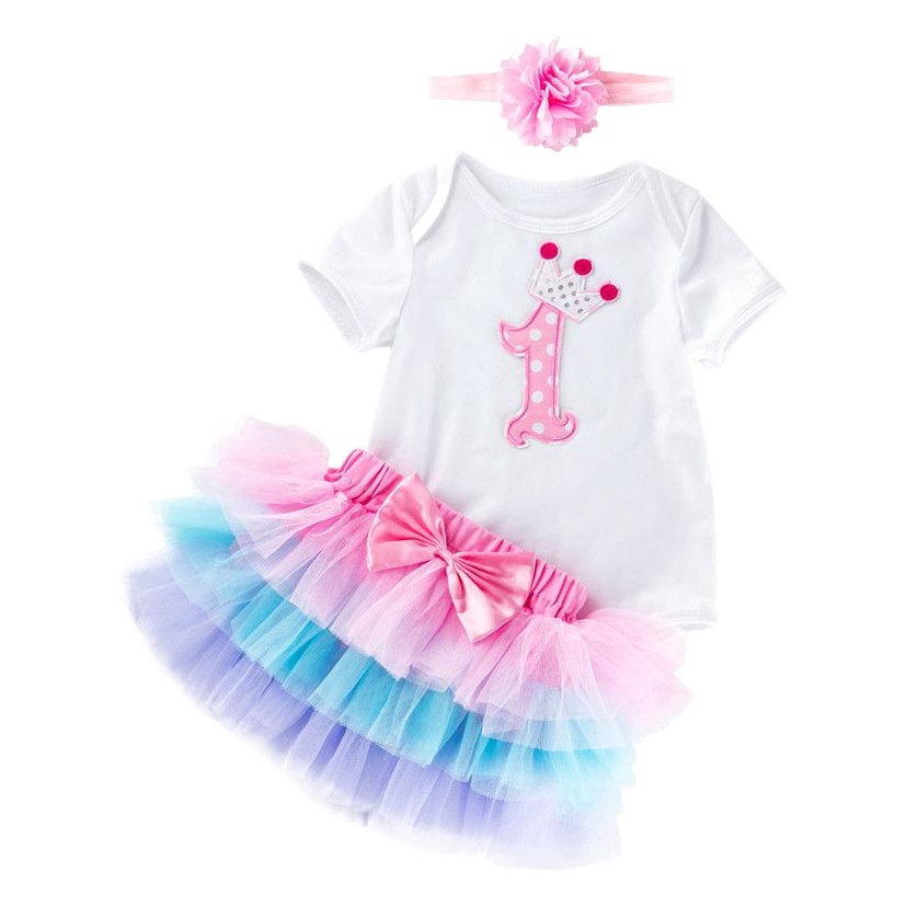 Venta directa de fábrica: Conjunto de vestido para el primer cumpleaños de bebé niña, pelele de manga corta, falda de seis capas, accesorio para el cabello, conjunto de fiesta de 3 piezas.
