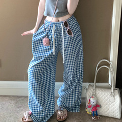 格子縞のズボンの女性の春の夏の薄いタイプのカジュアルなズボンの散歩のズボンのゆったりした学生の雲の綿の家庭のズボン