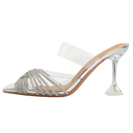 2025 Spring New PVC Pointed Transparent Cross Rhinestone Half Slippers Women Sweet Wine Glass with Crystal High Heel Sandals