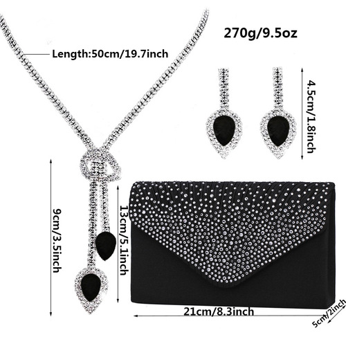 Elegant Bridal Accessories Set: Fringe Earrings, Drop Necklace, and Silk Damask Diamond-embellished Evening Clutch - Three-piece Set for Ladies