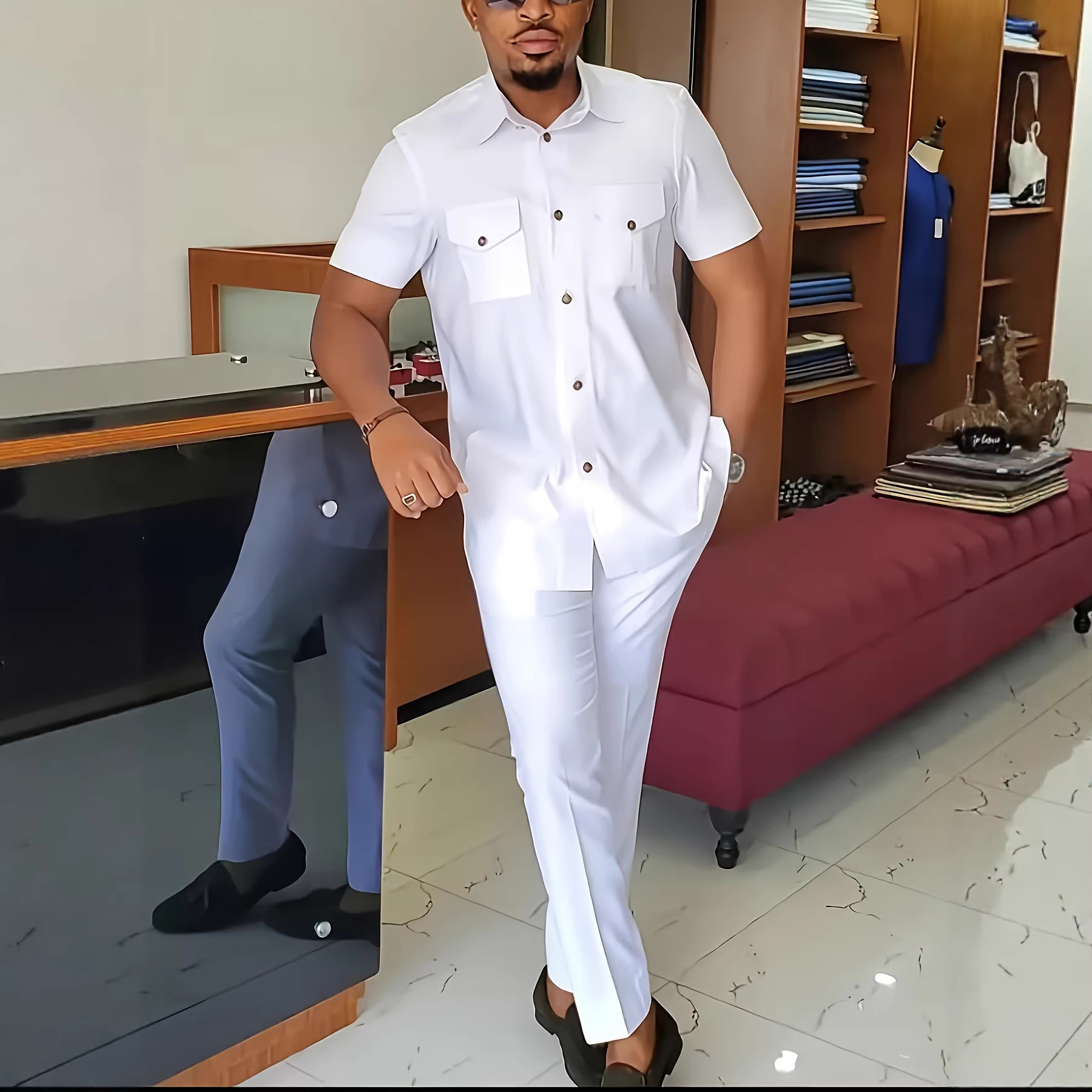 Men's White Casual Suit Short-Sleeved Button-Down Top and Long Pants Two-Piece Set African Style Men's Clothing