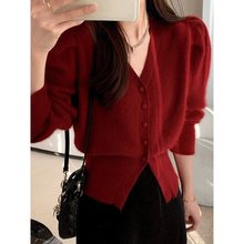 新年红色v领毛衣开衫外套女春夏2025新款上衣加厚奶系软糯感