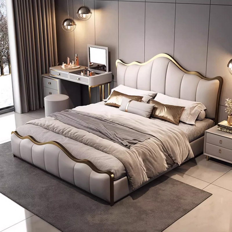 Cama de cuero suave de viento crema moderna simple de 1.5m pequeño dormitorio principal doble de 1.8m almacenamiento cama de matrimonio de madera maciza image 3
