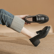真皮英伦通勤高跟一脚蹬乐福鞋女百搭粗跟复古小皮鞋光版5c小皮鞋