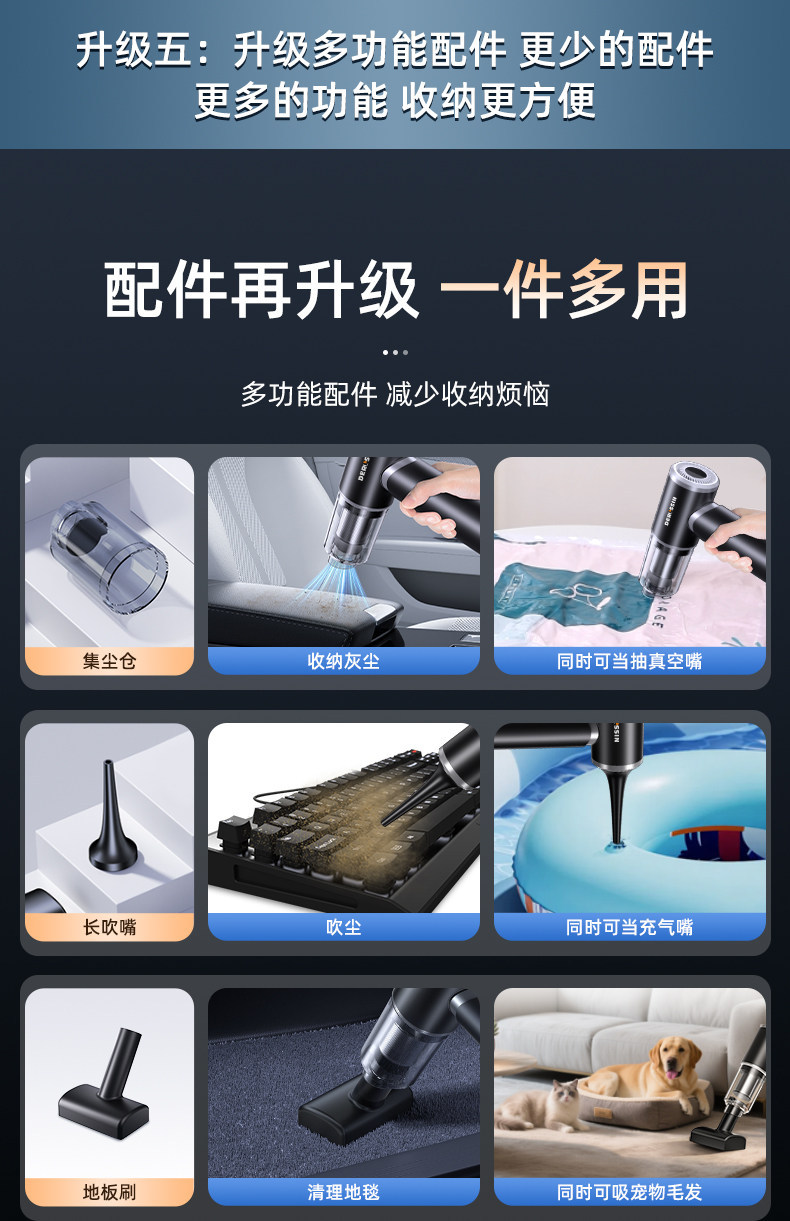 Car vacuum cleaner, wireless charging, for car and home use, with powerful suction, high power, compact, handheld, and mini size for in-car use