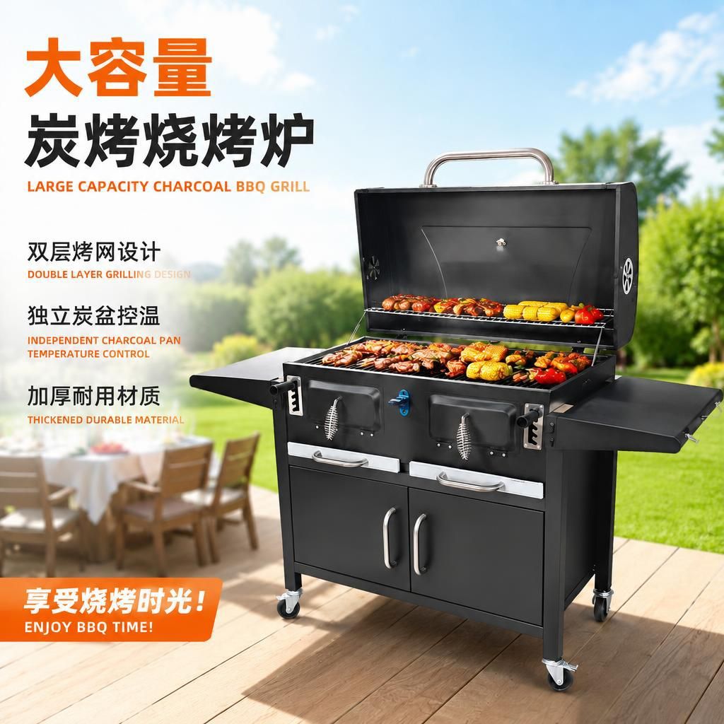 Horno de carbón de campamento estadounidense engrosado transfronterizo, horno de gran capacidad, patio exterior, gran protección del medio ambiente, parrilla cuadrada
