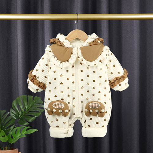 Baby Winter Onesie with Cute Hood, Fleece-lined Climbing Suit for Girls, Warm and Stylish Cotton Pajamas, Super Fluffy and Thick