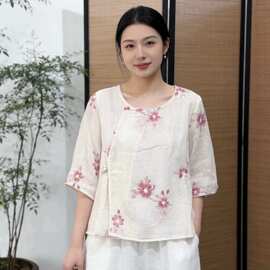 圆领斜襟苎麻小衫女2026夏款国风复古印花苎麻上衣薄款短袖T恤