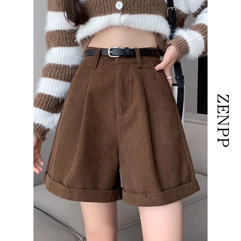 Maillard brown corduroy shorts women's autumn and winter high waist A- line cropped pants middle pants small outer boots pants