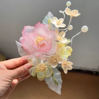 古风绢纱粉色系烫花发夹手工超仙边夹古装汉服国风牡丹头饰饰品