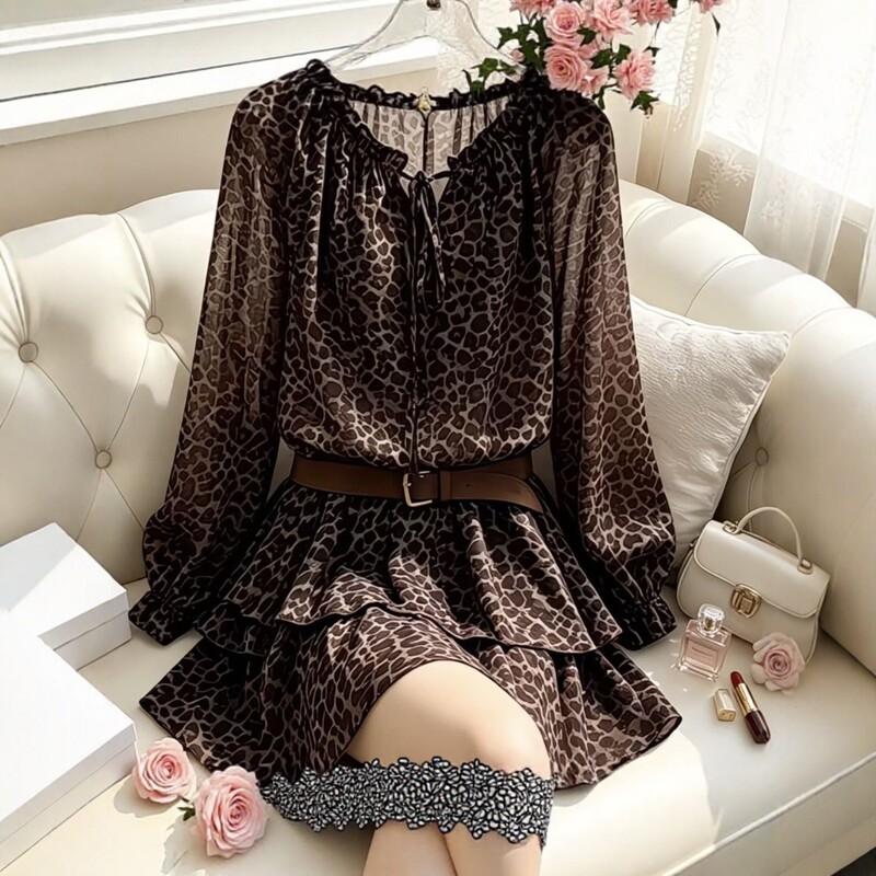 Petite-sized, elegant, long-sleeved dress with a tie waist, women's fashion, 2026 autumn new collection, high-end retro leopard print short dress