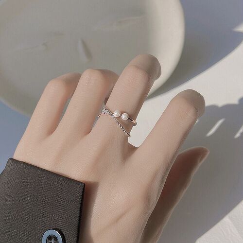 S925 sterling silver double-layered cross pearl ring, feminine, high-end, trendy index finger ring, cool style open ring