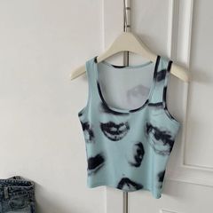 American-style spicy girl smudged lip print small backless top women's summer inner wear outerwear spaghetti strap sleeveless t-shirt slim fit casual top