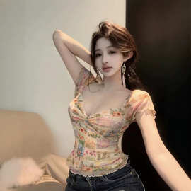2026巨好看欧美风油画花卉印花v领T恤女夏季花边网纱短袖上衣