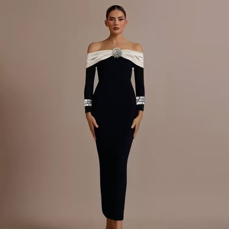 European and American Cross-Border New Classy Heavy Industry Diamond-Encrusted Sexy One-Shoulder Bandage Women's Dress Evening Dress Dress