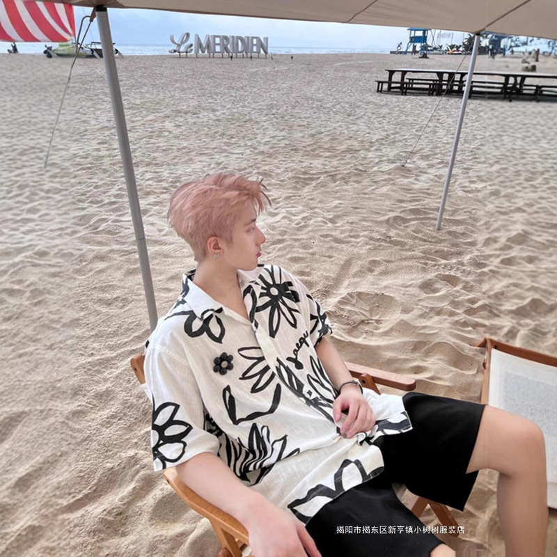 Seaside Vacation Men's Cuban Collar Ice Silk Beach Floral Shirt Short-Sleeved Men's Summer Thailand Sanya Wear Island Clothing