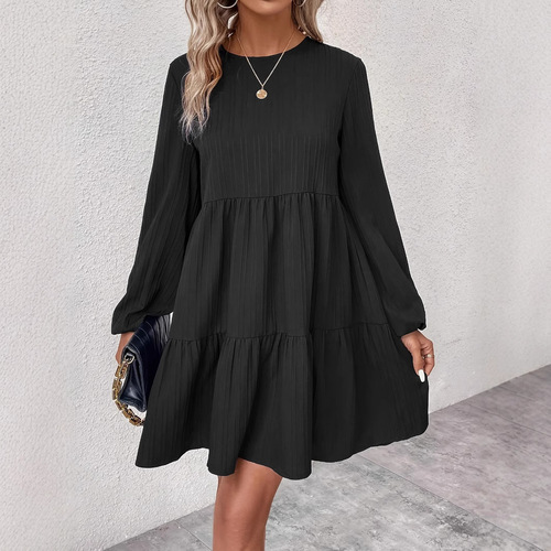 Cross-border AliExpress fast-selling black solid-color crew neck long-sleeved simple pleated autumn casual short dress