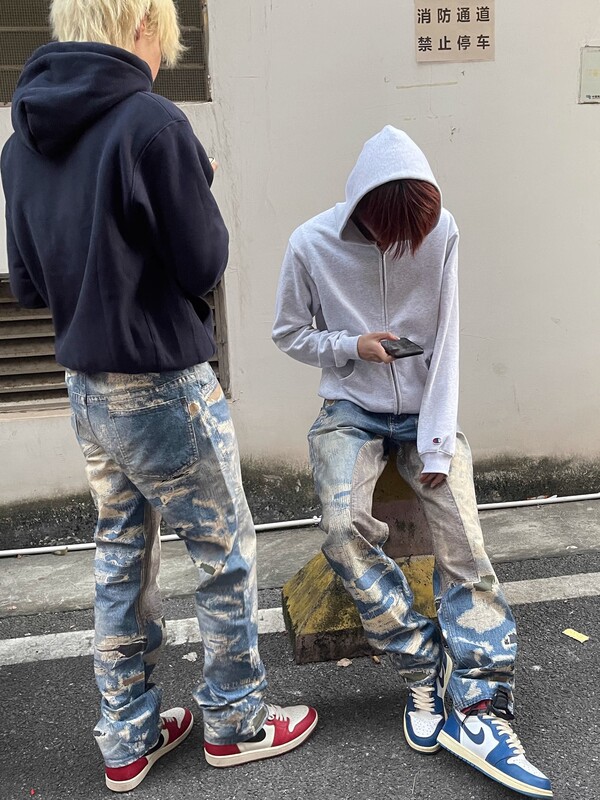 美式3D印花贴布拼接牛仔裤男士春秋季新款高街弹力修身vibe长裤子|undefined