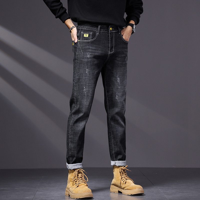 High ed jeas me's tredy brad 2024 Sprig ad Herfst ew Amerika zwart slim fit kleine voet casual log pats voor_voghion.com