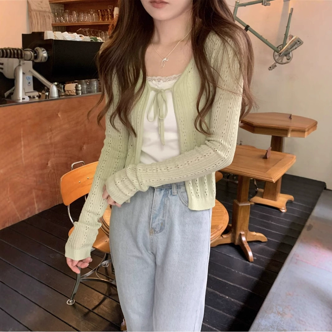 BrandyGirl Tan Songyun такой же белый ажурный вязаный удлиненный кардиган с кружевами и шнуровкой, топ для защиты от солнца, женская куртка