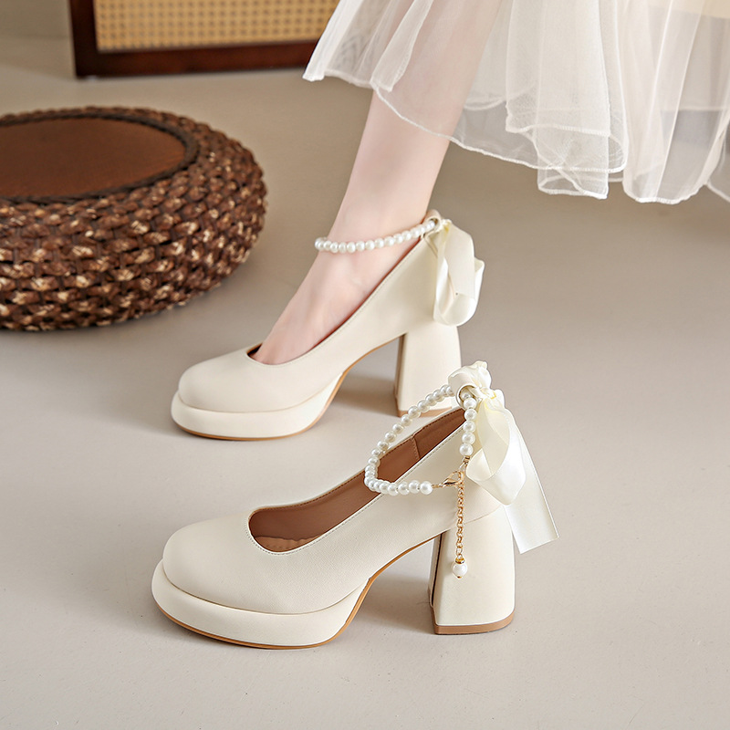 plus size women's shoes 41-43 French bow tie high heels women's spring and summer with skirt shallow pearl thick documentary