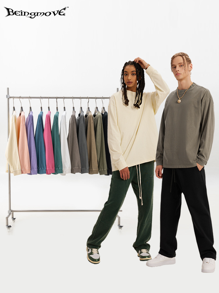 2025 otoño marca de moda americana hacer vieja lavado color macarón oversize cuello redondo suelto camiseta de manga larga moda masculina