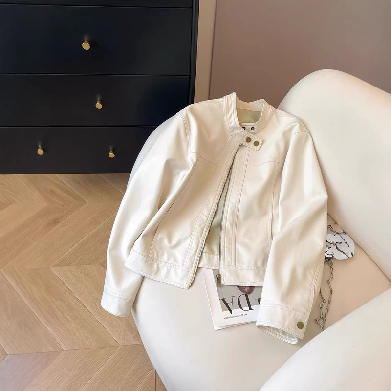 Women's Stand-Collar Leather Jacket 2026 Spring New Style Cool and Stylish High-End Biker Leather Jacket for Petite Figures