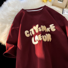 美式潮牌重磅全棉酒红色t恤短袖男 夏季小众设计字母体恤衫