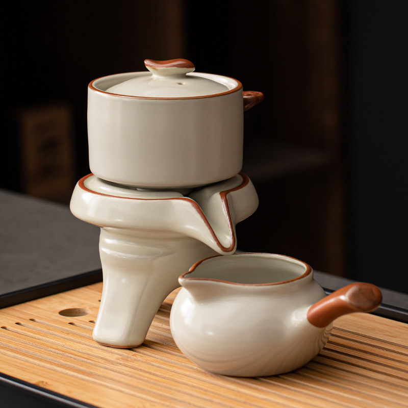 Ru Kiln Kung Fu Tea Set suit Automatic Tea Maker Lazy Stone Mill Rotating Water Outlet Household Chinese Style Teapot Tea Cup