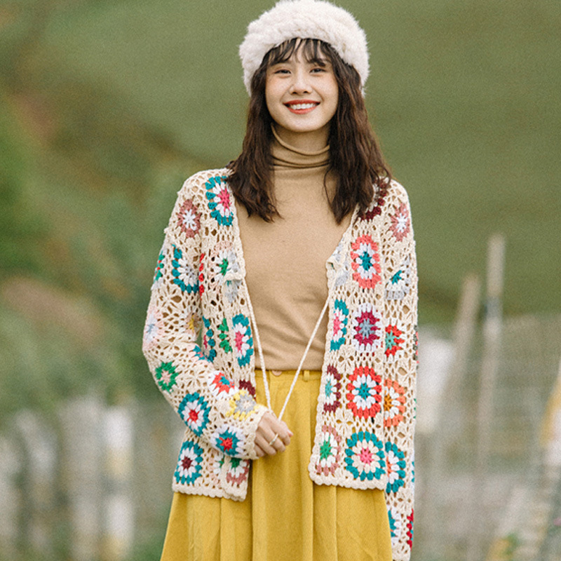 Dream Horse's Homemade Hand-Crocheted Cardigan Xizang Nepalese Knitwear Cut Out Out Outwear Ethnic Style Long-Sleeved Top