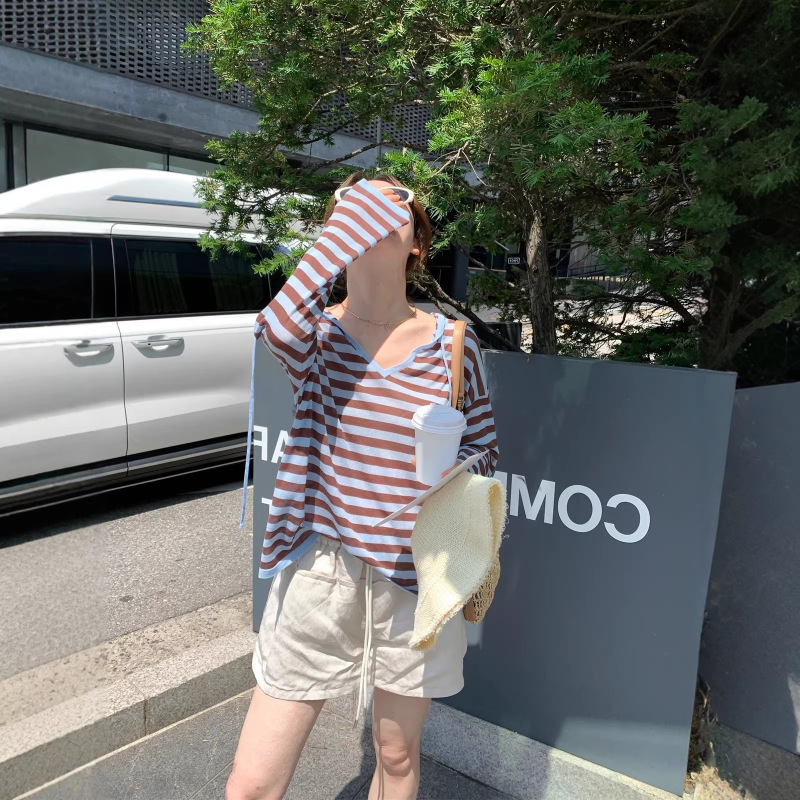 Lazy Style Striped Long-Sleeved Sun Protection Hooded T-Shirt for Women, Summer Loose Thin Knitwear, Versatile Casual Top