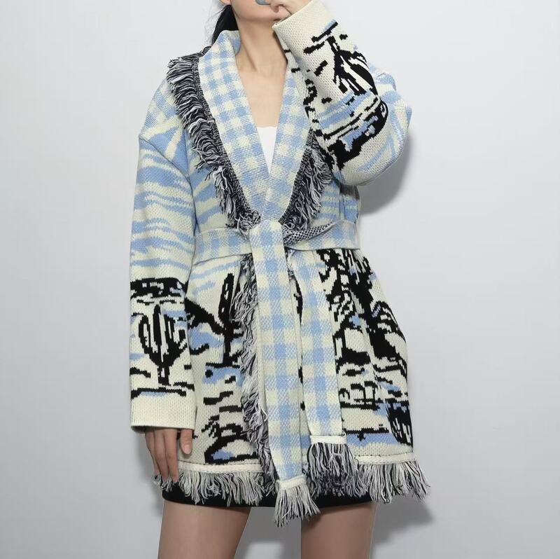 Cross-Border Autumn and Winter Plaid Lapel Cactus Tassel Lapel Ethnic Style Mid-Length Wool Cardigan Thick Sweater Jacket