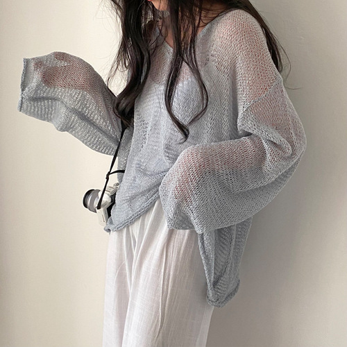 Gentle Wind Hollow Knit Sweater for Women - Summer Thin Loose Design Sensory Unique Top with Long Sleeve Cover-up Suncoat