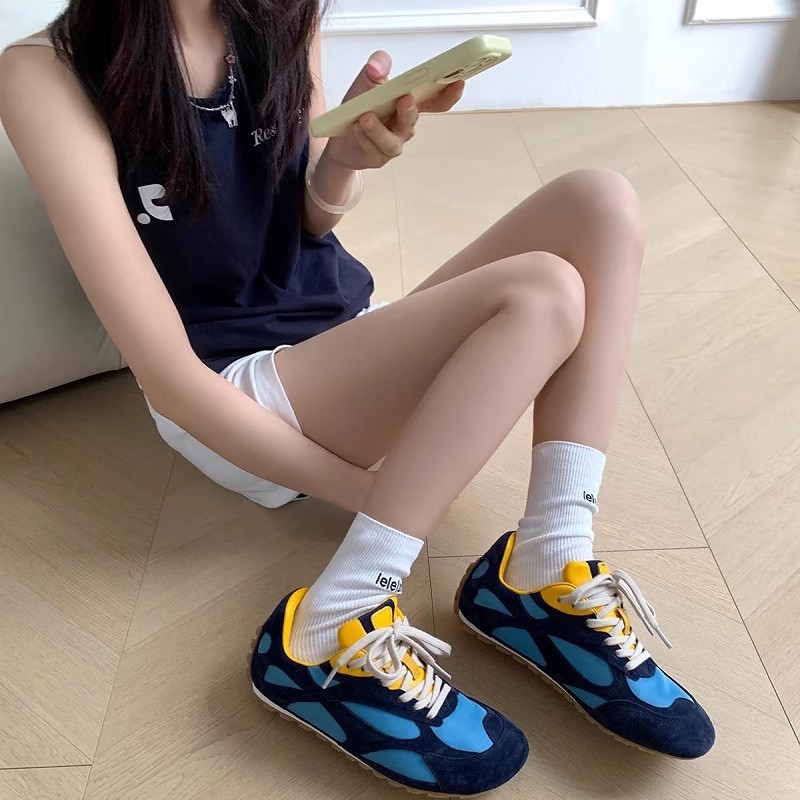 [トップボード] Liu Wenと同じスタイルのレトロな本革カラーブロックフォレストシューズ女性用25フラットレースアップカジュアル道徳トレーニングシューズカップル用|undefined