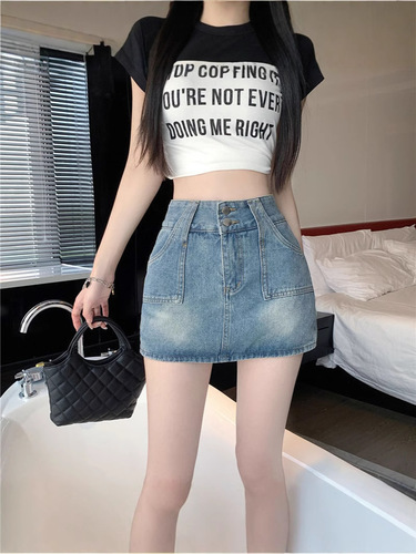 Jeans skirt women summer lettered skirt short skirt maxi skirt washed retro high-waisted slimming distressed hot pants short skirt