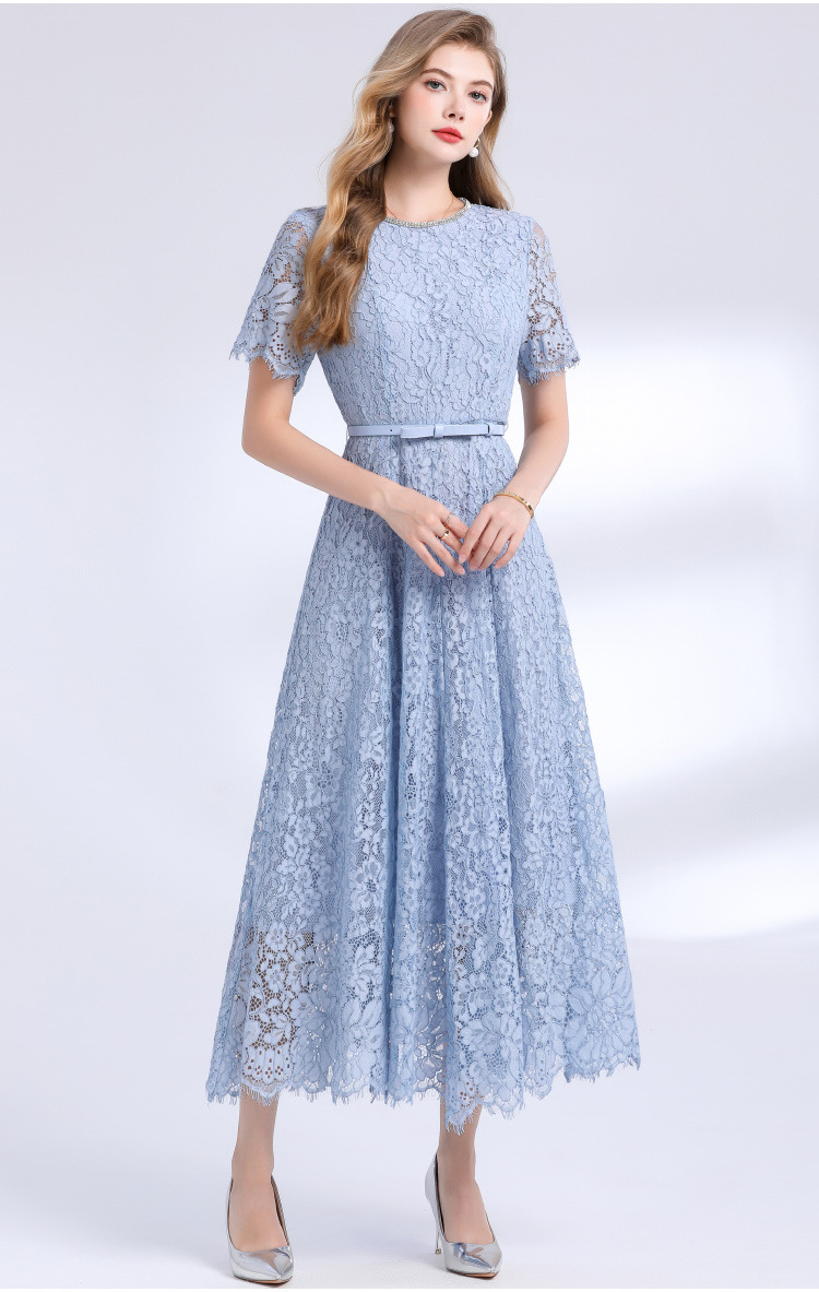 Váy ren đính kim cương cổ tròn tay ngắn cao cấp mùa hè — Màu xanh lam nhạt, Màu đỏ rượu chi tiết 8