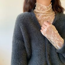 半高领雷丝打底衫女长袖秋冬新款紧身网纱内搭超仙蕾丝衫洋气