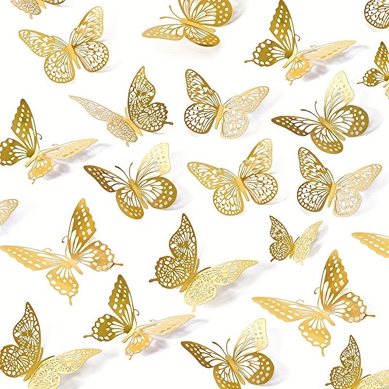 Amazon 48Pcs3d dorado mariposa hueco pegatinas de pared diseño de escena pegatinas decorativas fondo decoración de pared en stock
