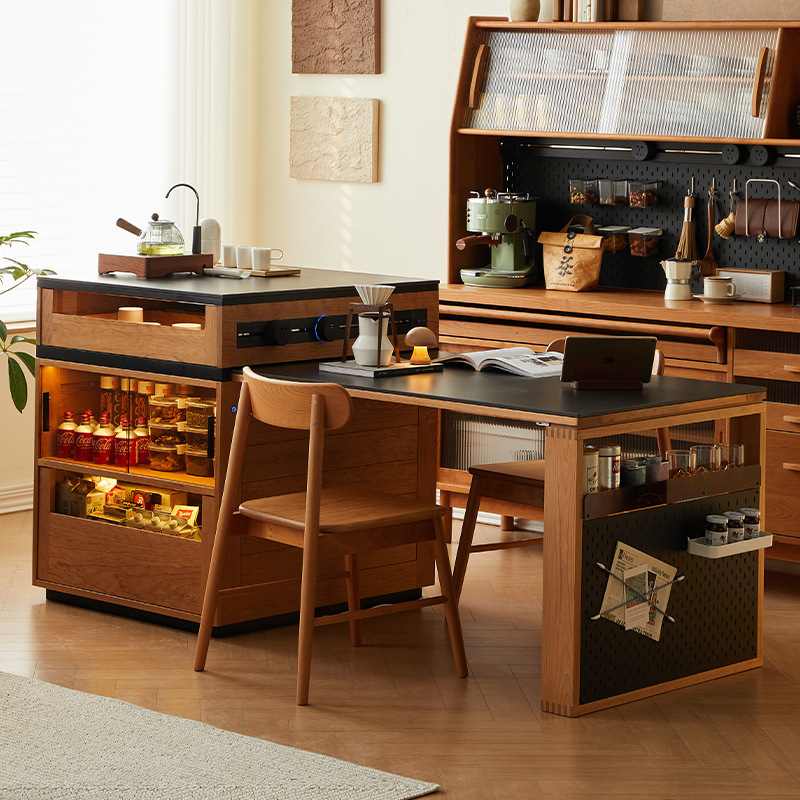 North American Walnut Island Table, Multifunctional Home-Use Small Apartment Solid Wood Retractable Bar Table, Tea Table with Stone Top