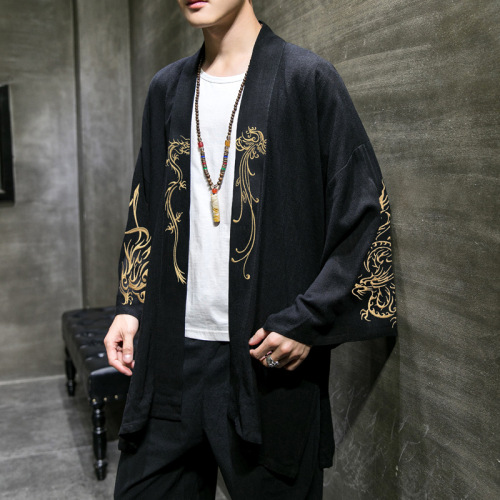 Chinese men Japanese cotton and linen embroidered cardigan men kimono tops