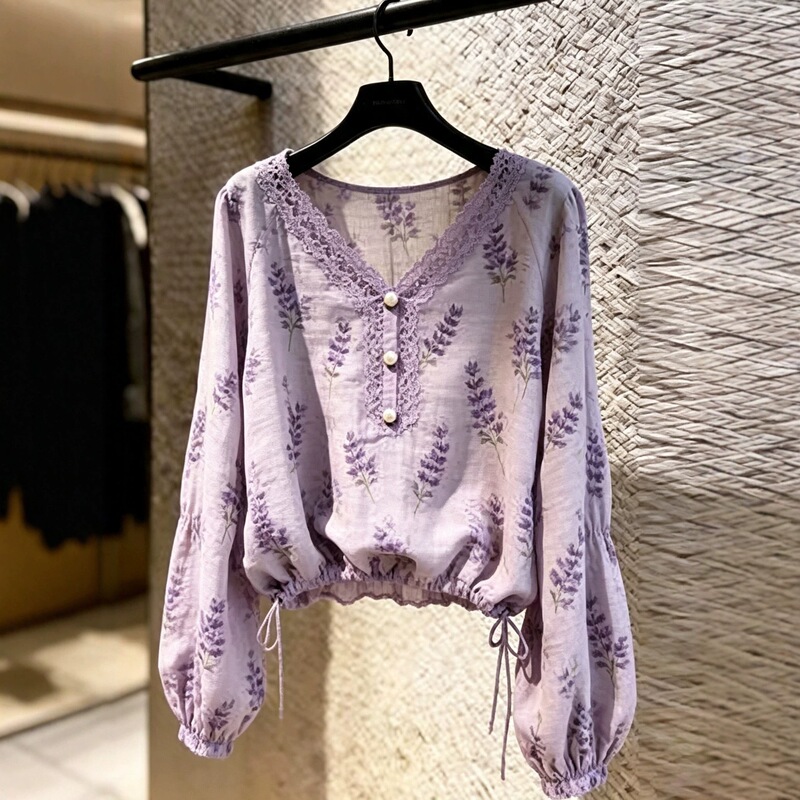 French-style floral lace patchwork V-neck buttoned long-sleeve shirt for women, new autumn fashion, stylish and slimming top