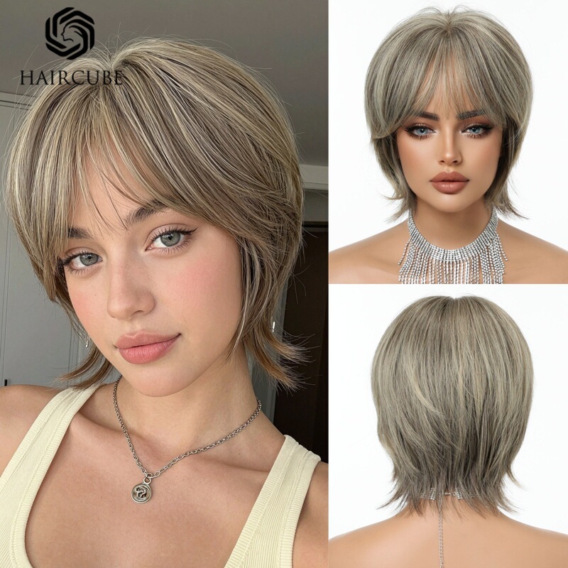 Short wig with bangs, natural highlights, voluminous full wig, easy to style, quick to wear, new product