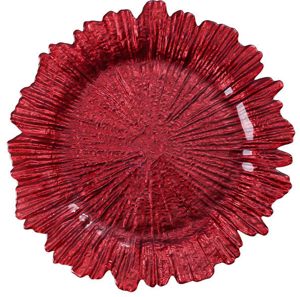 Nuevo diseño de decoración de mesa de boda plástico transparente cargador de borde irregular placa de melamina transparente redonda