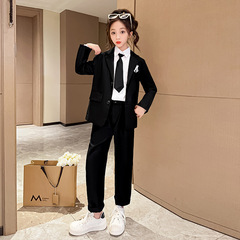 女童西裝套裝2025春季新款時尚洋氣兩件套女中大童網紅高級感秋裝