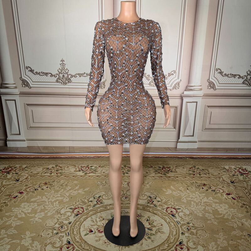 2026 New Style Glittering Rhinestone See-Through Slim-Fit Dress Party Nightclub Dj Sexy Hot Girl Party Short Dress 2026 New Style Glittering Rhinestone See-Through Slim-Fit Dress Party Nightclub Dj Sexy Hot Girl Party Short Dress
