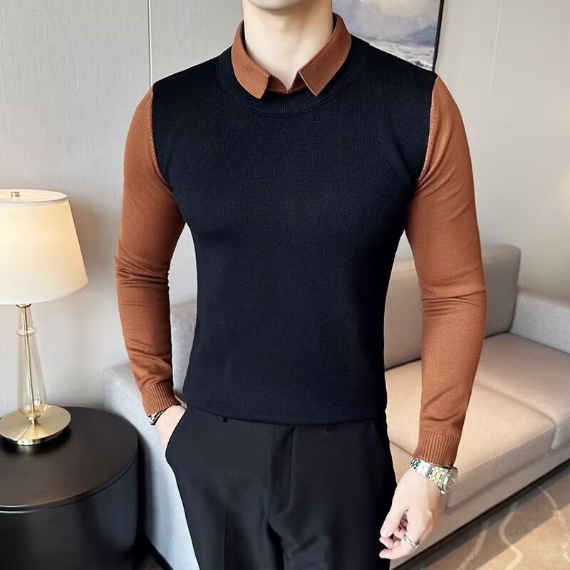 Men's Faux Two-Piece Sweater Autumn and Winter Casual Shirt Collar Vest Knitted Base Shirt Trendy Collared Autumn Top