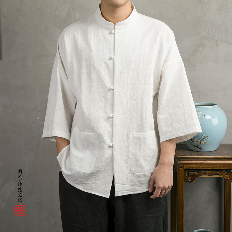 Chinese Style Linen Shirt for Men, Summer Thin Cotton-Linen Half-Sleeve Youth Chinese-Style Top, Loose Casual Tang Suit for Men