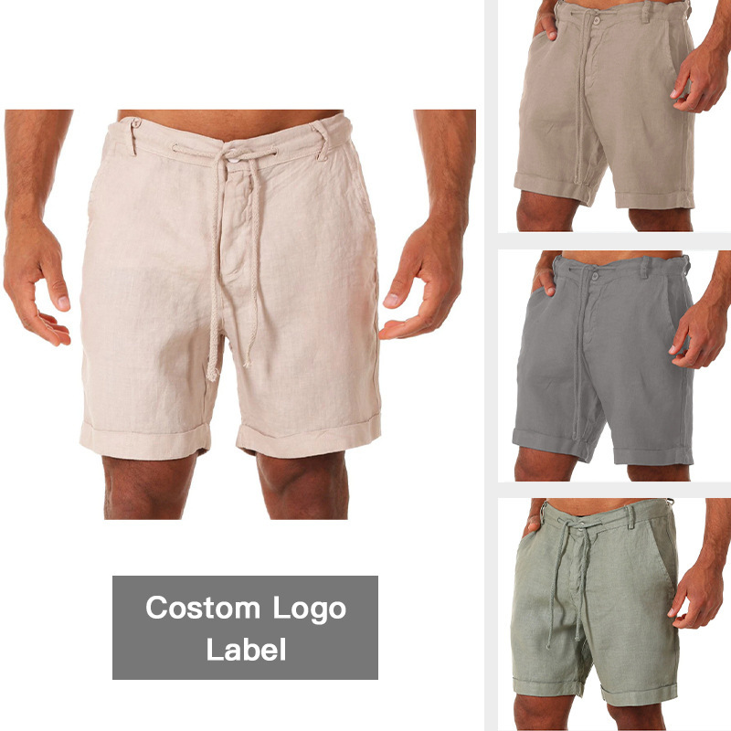 Amazon independent station men's sports running fitness shorts solid color lace-up casual pants cotton and linen sports shorts
