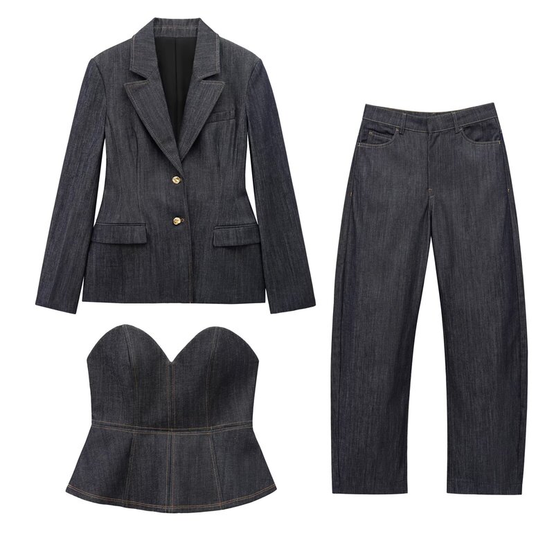 TAOP & ZA Europe and America 2025 Summer New Women's Denim Skirt Strapless Suit Jacket Strapless Jeans suit